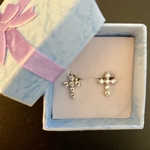 Sterling Silver Round CZ Cross Stud Earrings